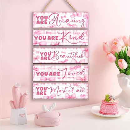 Pink Bows Wall Art Wooden Inspirational Girls Bedroom Signs Aesthetic Decor - color: Pink You Are Quotes