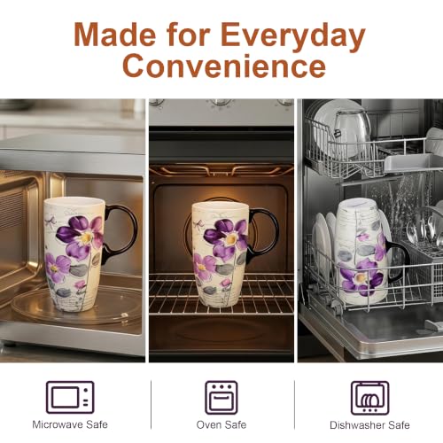 Topadorn 17oz Ceramic Travel Mugs Set of 2, Floral Coffee Mugs with Lids - color: Butterfly&flower