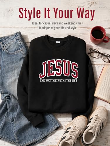 Christian Sweatshirts for Women Jesus Fleece Oversized Pullover Faith God Tops Crewneck Y2K Longsleeve - color: 2-black, size: Medium