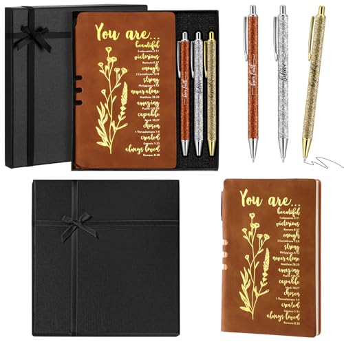 Affrolling 5 Pcs Christian Gifts for Women Church Religious Gifts A6 Bible Leather Notebook Pens with Box Prayer Journal for Men Bible Study Pastor's Wife Godmother Father(Brown) - color: Brown
