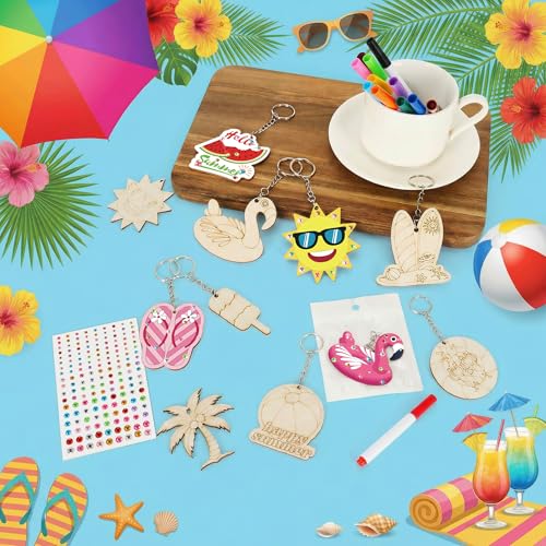 Bafeil 36 Pcs Summer Unfinished Wooden Crafts Kits Color Your Own Keychains - color: Summer Color Your Own Keychains