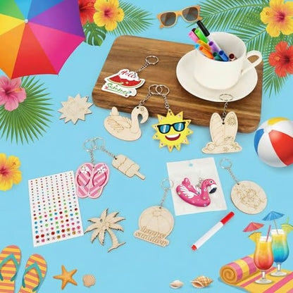 Bafeil 36 Pcs Summer Unfinished Wooden Crafts Kits Color Your Own Keychains - color: Summer Color Your Own Keychains