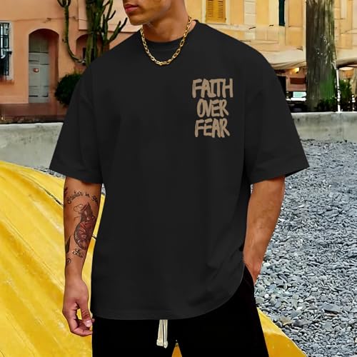 Christian Jesus Shirts for Men Faith Over Fear Shirt God Religious Bible Verse Inspirational Oversized Graphic Tees - color: Black, size: X-Large