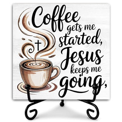 Coffee Gets Me Started Jesus Keeps Me Going Cross and Cup Wooden Sign Decor, Rustic Wooden Plaque Sign With Iron Stand, Christian Home Office Bar Desk Shelf Decorations - style: Coffee-A
