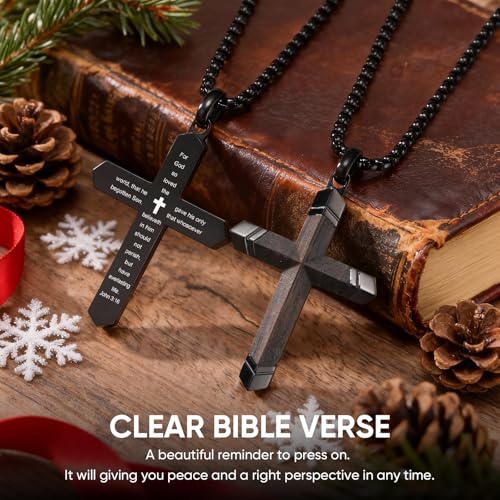 FLHEART Wooden Cross Bible Verse Necklace for Men, Hawaiian Handmade Real Black Ebony Wood Cross Pendant Stainless Steel Chain, Mens Cross Necklaces Koa Wood Jewelry Christian Baptism Easter Gifts - style: John 3:16 - 1pc
