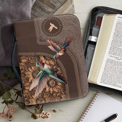Brown Bible Cover PU Leather Carrying Book Cute Bird Print Case Church Bag Bible Protective with Handle, Fit for Men, Women, Father, Mother, Friends - color: Cute Bird, size: 2X-Large