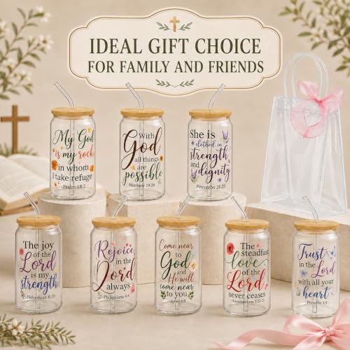 Iced Coffee Mugs, 8 Sets, Glass, 16 oz, Reusable, Floral Bible - color: Bible Verse