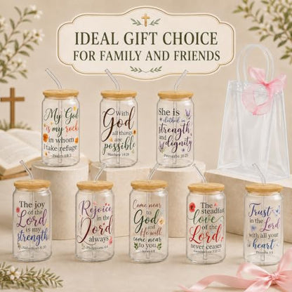 Iced Coffee Mugs, 8 Sets, Glass, 16 oz, Reusable, Floral Bible - color: Bible Verse