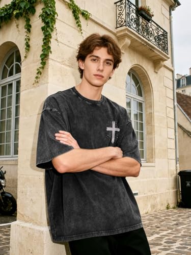 Christian Shirt for Men Jesus Loves You Shirt Oversized Acid Wash Tops - color: Darkgrey, size: Medium