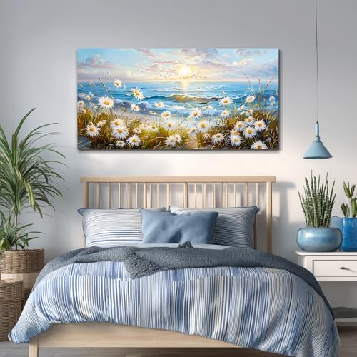 Large Coastal Wildflower Wall Art,Daisy Botanical Canvas Prints 20x40 Inch - color: Flowers Sea Painting, size: 40"L x 20"W