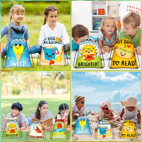 24 Pcs Summer Reading Drawstring Backpack Beach Drawstring Bags Large I Love Reading Book String Bag Kids Summer End of The Year Back to School Party Favors Supplies Gifts - style: Summer Reading
