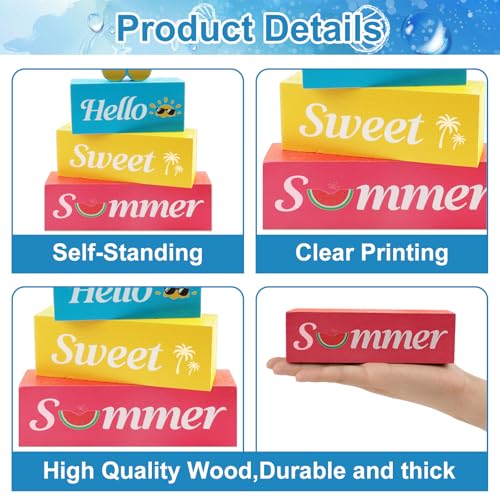 4 Pcs Hello Sweet Summer Wooden Block Sign Flip Flops Table Centerpiece Summer Tiered Tray Decor Farmhouse Table Sign Beach Decor for Home Office Desk Shelf Mantel - style: Flip