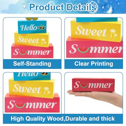 4 Pcs Hello Sweet Summer Wooden Block Sign Flip Flops Table Centerpiece Summer Tiered Tray Decor Farmhouse Table Sign Beach Decor for Home Office Desk Shelf Mantel - style: Flip