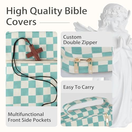 Bible Cover Case for Women Corduroy Bible Case for Girls Large Bible Cover with Handle Bible Study Supplies Accessories Christian Gifts for Women (Blue-Checkered, Medium)