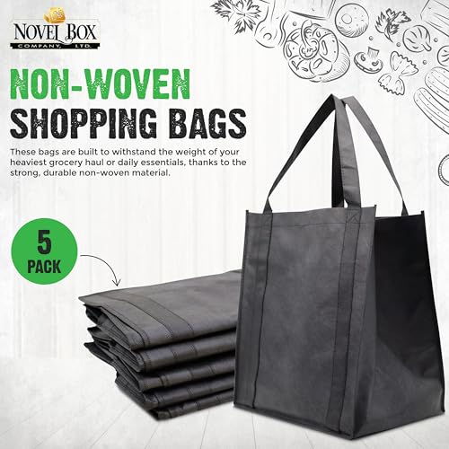 Novel Box 5Pack Non-Woven Reusable Reinforced Tote Bags 13x15x10in with Handle-Heavy Duty Foldable Bag for Groceries & Picnic - color: Black