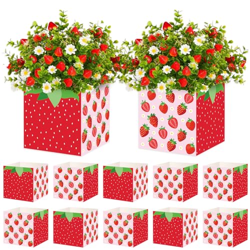 Cinrobiye 24 Pcs Strawberry Party Centerpieces, Berry First Birthday Decorations, Sweet Strawberry Flower Boxes for Table Decor, Baby Shower, Birthday Party, Wedding, Candy and Dessert Display - color: Red