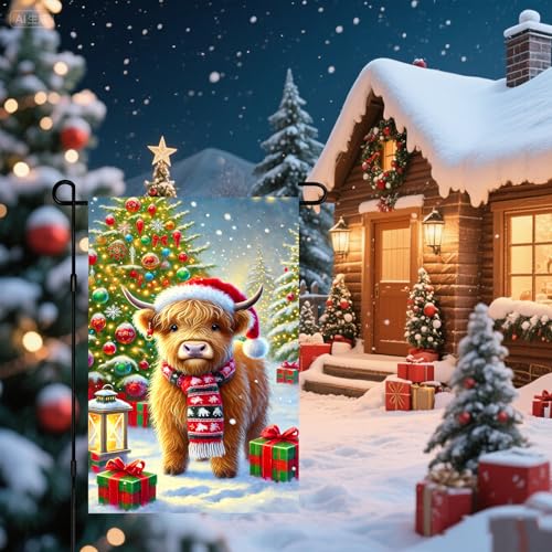 BlissYard Christmas Highland Cow Garden Flag 12x18 Inch Polyester - color: Red, White, Green, Yellow