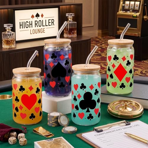 Glass Cups with Lids and Straws, 4Pack, 16oz, Poker Casino - color: Playing Cards Suits