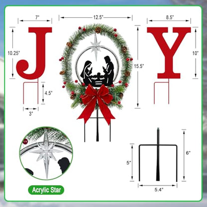 3Pack Solar Lights Christmas Joy Sign,Metal Nativity Scene Outdoor Garden - color: Red-joy