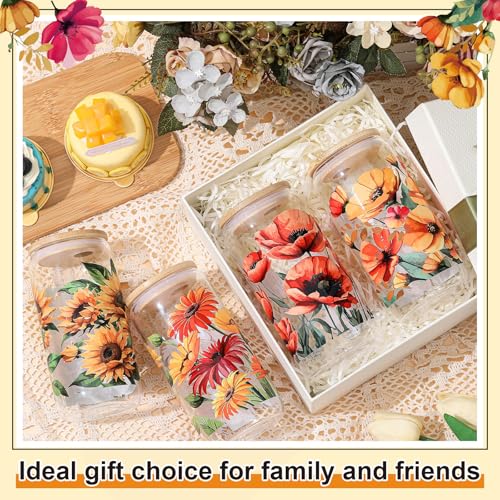 Mumufy 4 Pack Oil Flower Glass Cup, 16 oz Tumbler Mug with Bamboo Lid - style: Oil Flower
