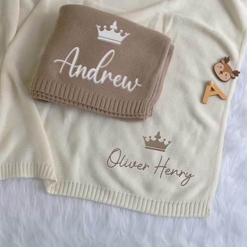 IZI POD Personalized Knit Baby Blanket, Embroidered Name Nursery Blanket, Cotton Knit Stroller Blankets, Gift for Baby, Birthday - Style 6 - color: Custom 3
