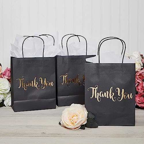 24 Pack Medium Black Thank You Party Favor Paper Goodie Gift Bags with Handles, Gold Foil - color: Black,Gold