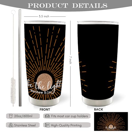 Christian Religious Inspirational Gifts for Women Men Kids, Christian 20oz Travel Coffee Mug Tumbler, Boho Sunshine Gifts, Be the Light Water Stainless Steel Tumbler with Lid and Straw - color: Sunshine
