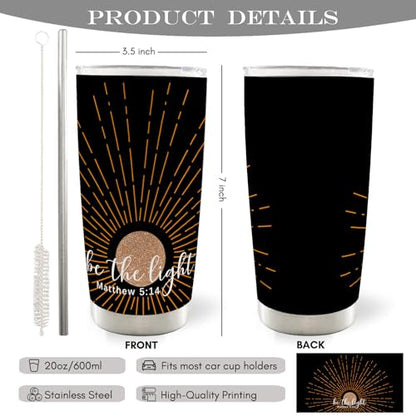 Christian Religious Inspirational Gifts for Women Men Kids, Christian 20oz Travel Coffee Mug Tumbler, Boho Sunshine Gifts, Be the Light Water Stainless Steel Tumbler with Lid and Straw - color: Sunshine