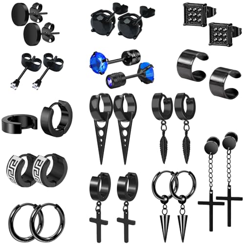 14 Pairs Earrings for Men and Women - Black Stud, Hoop, Cross, and Dangling Earrings Set - Stainless Steel Ear Cuffs Piercing Jewelry - color: Black