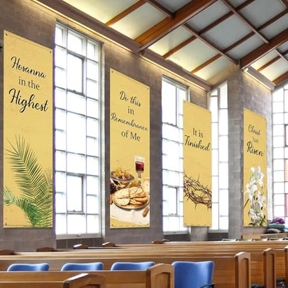 4Pcs Easter Church Banners for Sanctuary Wall Religious Banners Hanging Backdrop Praise Hanging Sign with Scripture Bible Verses Banner Easter Banner for Church School Decor(Retro Warm Yellow) - style: Retro Warm Yellow