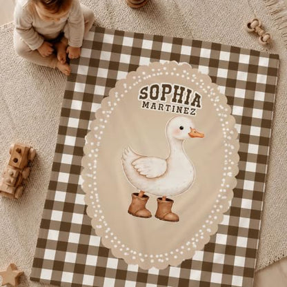Personalized Duck Baby Blanket, Brown Gingham Nursery Throw Gift - color: #Ver4