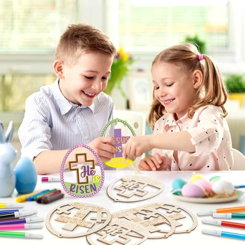 BeYumi Easter Wooden Ornament Craft - 20Pcs Jesus is Risen DIY Wooden Eggs Ornaments Craft Kit for Kids Make Your Own Christian Religious Easter Egg Set with Gem Sticker Party Decoration Supplies - style: Easter Egg
