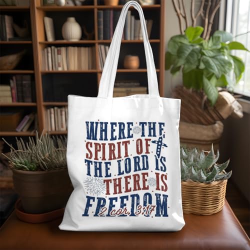 VICBOU Bible Verse Canvas Tote Bag Religious Christian Gifts for Women Men Faith Canvas Tote Reusable Grocery Bag - color: Freedom
