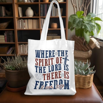 VICBOU Bible Verse Canvas Tote Bag Religious Christian Gifts for Women Men Faith Canvas Tote Reusable Grocery Bag - color: Freedom