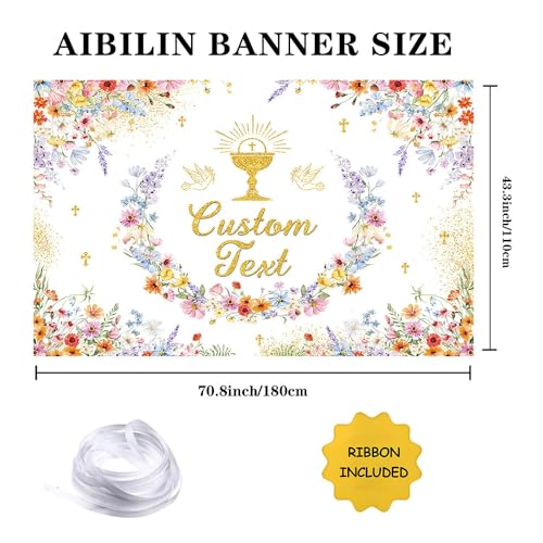 AIBIIN Wildflower First Holy Communion Custom Backdrop Mi Primera Comunión Personalized Party Banner Elegant Floral Baptism Background Gold Chalice Cross Party Decoration 6x3.6ft - color: Wlidflower Custom, size: 6x3.6ft