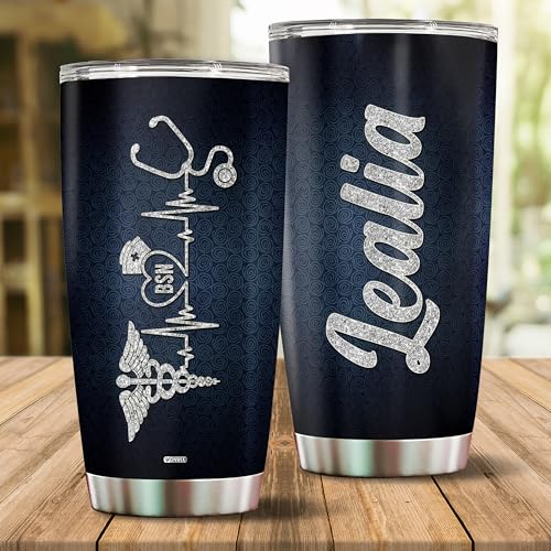 Personalized Nurse Tumbler Gifts for Women Heartbeat Stethoscope Nurses Travel Cup Coffee Mug Appreciation Gift for Nurse Insulated Stainless Steel 20oz With Lid - color: BSN