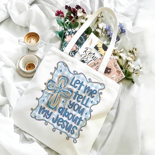Bible Tote Bags Cute Christian Preppy Canvas Tote Bag Christian Gifts for Women Reusable Shopping Bags(Parent) - color: Let Me Tell You About My Jesus-2-blue