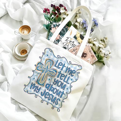 Bible Tote Bags Cute Christian Preppy Canvas Tote Bag Christian Gifts for Women Reusable Shopping Bags(Parent) - color: Let Me Tell You About My Jesus-2-blue
