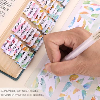 Bible Tabs For Women, 66 Large Print Laminated Bibles Chapters Index Tabs and 39 Blank Dividers Sticky Labels, Cute Beauty Feather Bible Study Supplies, Journaling Accessories, Christian Gifts for Men - style: P-feather