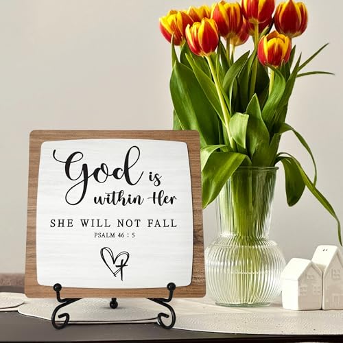 God Is Within Her Wooden Plaque, Christian Table Decor with Stand - color: God Is Within Her