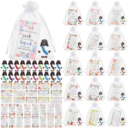 Bememo 50 Sets Christian Gifts Bulk Bible Verse Cards Include Little Jesus Figures Prayer Cards and Organza Bags for Religious Party Favors Sunday Baptism Gifts(Flower Style,Dark) - color: Dark, style: Flower Style