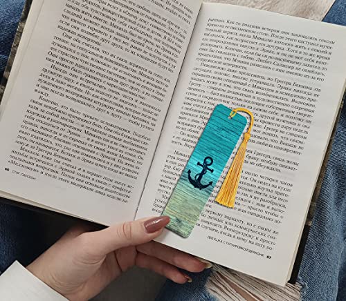WIRESTER Set of 2 Metal Bookmarks with Light Gold Tassel for Students, Reader, Teachers, Book Lovers - Blue Anchor Wood, Ocean Sea Turtle - color: Blue Anchor Wood, Ocean Sea Turtle