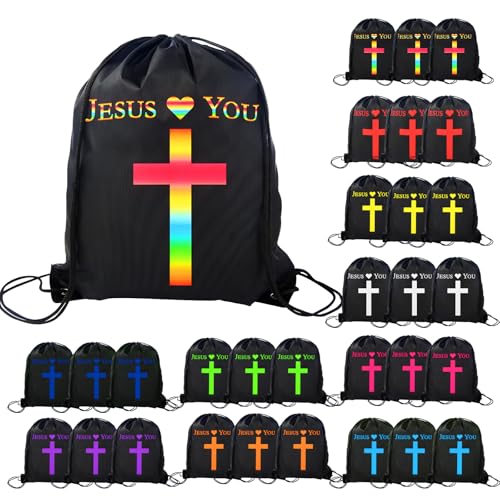 VZZNN 30 Pcs Jesus Loves You Drawstring Backpack Bulk,Christian Gift Bags - color: Style 2