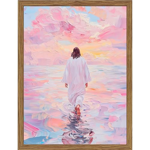 Christian Wall Art, Jesus Walking on Water Canvas Painting, 3D Textured Sandstone Style Wood Framed Artwork, Religious Decor for Prayer Room Bedroom 16x12 Ready to Hang - color: Pink Jesus Walking On Water, size: 16"L x 12"W