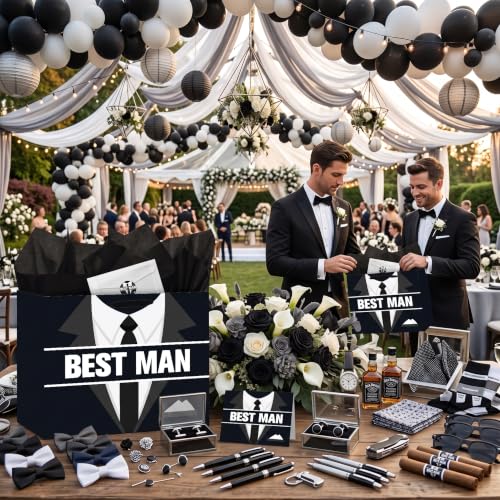 Best Man Gift Bag Set for Men, Groomsmen Gift Proposal Bag with Tissue Paper Card Envelope Sticker for Wedding Groomsman Proposal, Bachelor Party, Groom Squad Invitation, Rehearsal Dinner Thank You Gifts
