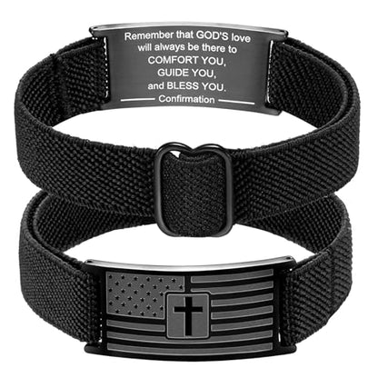 Easter Basket Stuffers - American Flag Cross Bracelet for Boys Men Freedom Adjustable Strap Christian Bracelets Engraved Bible Verses Inspirational Messages Religious Prayer Jewelry Gift Military Patriotic Wristbands - color: Black, size: Confirmation