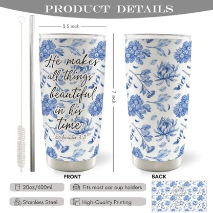 Blue Floral Christian Bible Verse 20oz Travel Coffee Mug Tumbler - color: makes