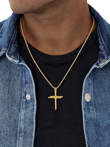 FaithHeart Stainless Steel Cross Necklace for Men, Silver/Black/Gold Cross Chains for Men Religious Amulet Necklaces Christian Gifts for Dad - style: Nail Cross-Gold