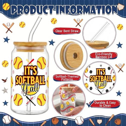 Glass Cups with Lids and Straws, 4Pack, 16oz, Softball Sports - color: Softball