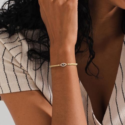 Gold Bracelets for Women 14K Gold Plated Bead Bracelet Hypoallergenic Stretch Bracelets for Women Elastic Bracelet Trendy Teen Gift Dainty Jewelry for Women - style: Evil Eye